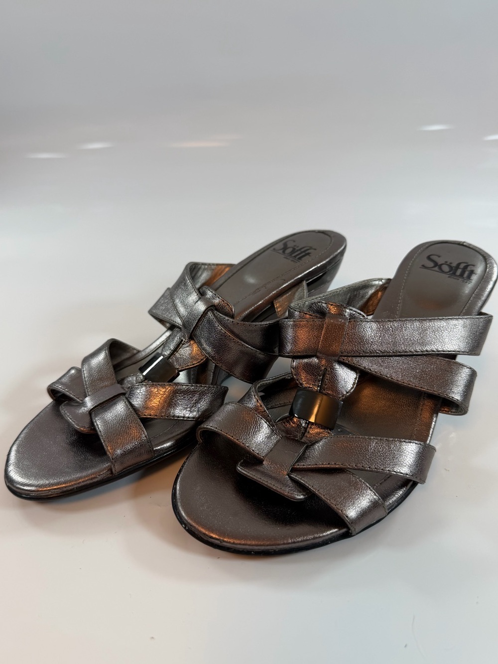Sofft Metallic Pewter Leather Wedge Slide Sandals Women’s 8M‎